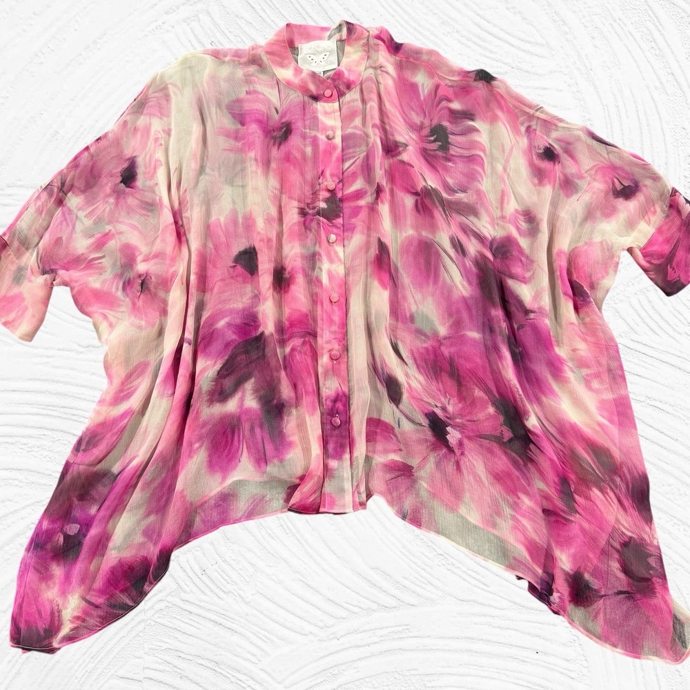 Johnny Was Jade S/M KATIA Oversized Sheer Blouse Silk Floral Boho Asymmetric Hem